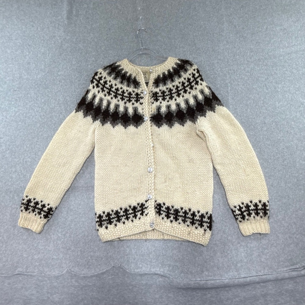 Hilda Ltd Cardigan Sweater Womens L Cream Brown Icelandic Wool Fair Isle Vintage